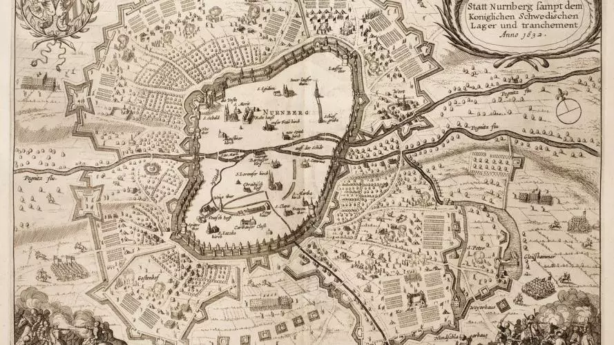 Plan of the siege of Nürnberg by the Swedisch army and their king Gustav II Adolf August 1632