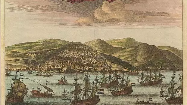 Stoopendael (1636-1707): „De Stadt Algiers / La Ville d'Alger". Copperplate print, colorized, c. 1680/1690